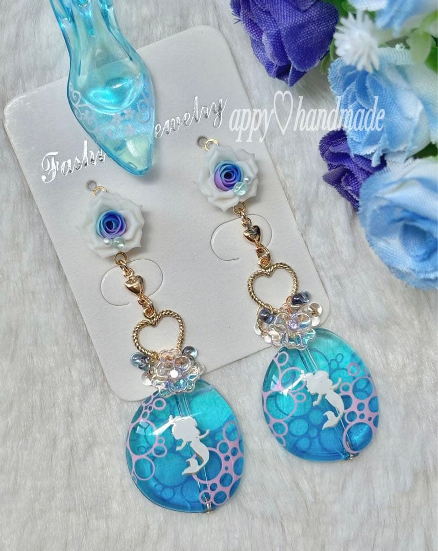 ペイントビーズ♡　マーメイド　樹脂薔薇　ピアス/イヤリング✩*॰¨ ペイントビーズ♡マーメイド樹脂薔薇ピアス/イヤリング✩*॰¨