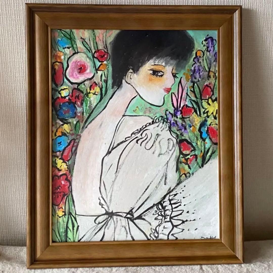 絵画 。壁掛け絵☆【きれいな白いスカートの女性が色とりどりの花を家に飾っている】 ca-05032.jpg
