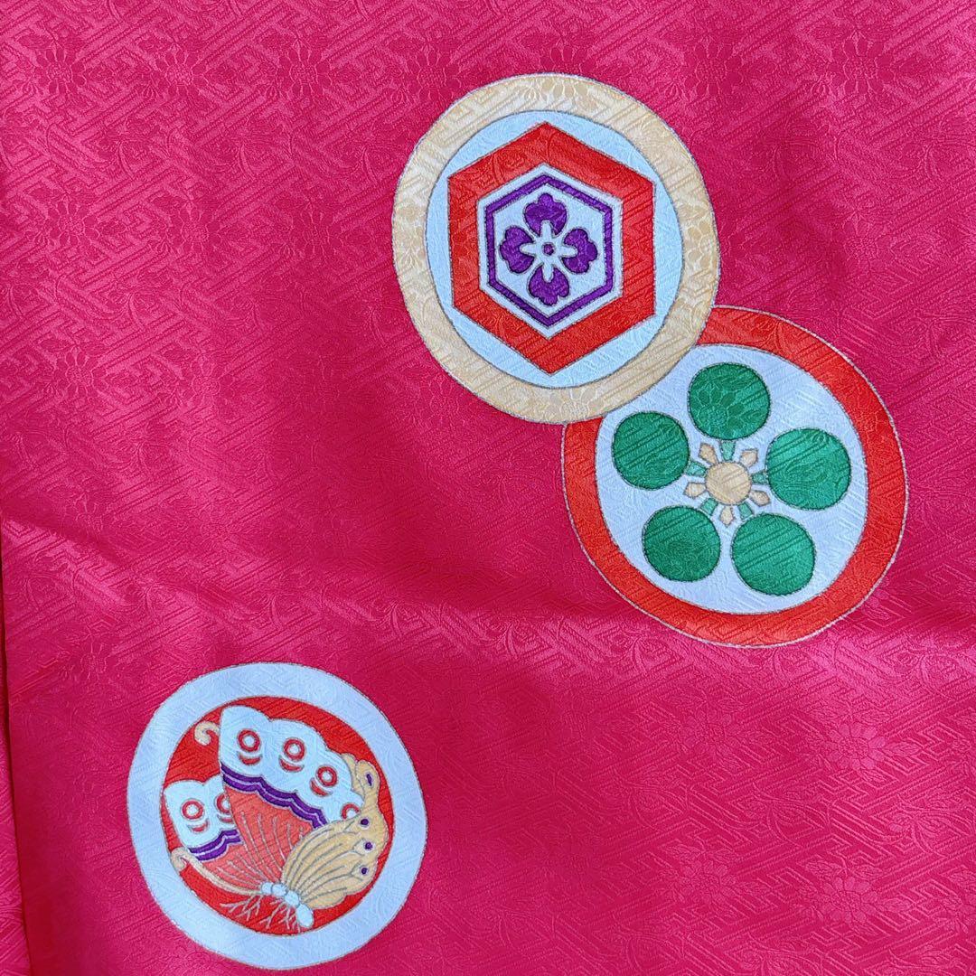 七五三 7歳女の子 フルセット きもの 赤 小振袖 古典柄 家紋 7289