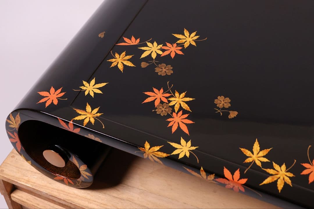 漆芸 紅葉桜 波千鳥 蒔絵 巻足 平卓 花台 黒塗 梨地 木製