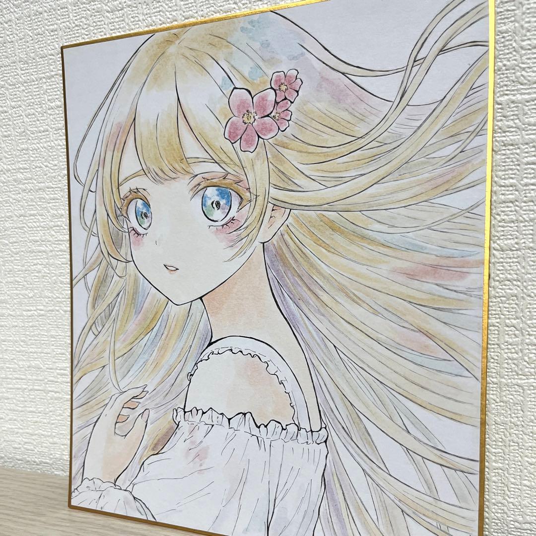 手描きイラスト オリジナル 水彩イラスト 髪のなびく少女 色紙イラスト