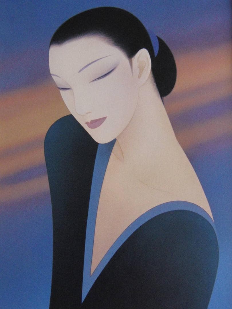 鶴田一郎、【夕焼けと女】、希少な額装用画集より、新品額装付、状態