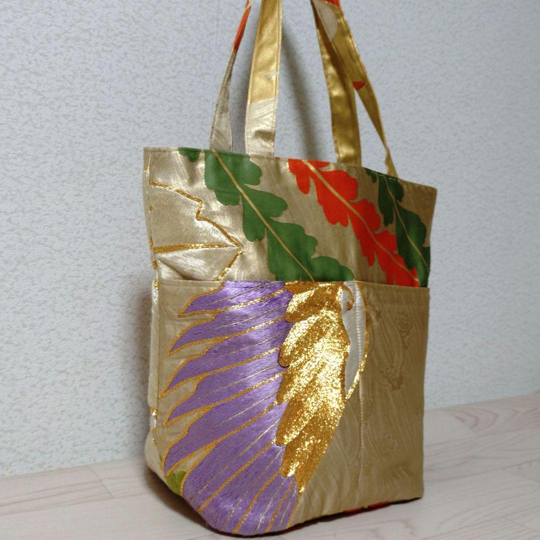 H−18 着物リメイクトートバッグ 色打掛羽根と花の刺繍 ハンドメイド