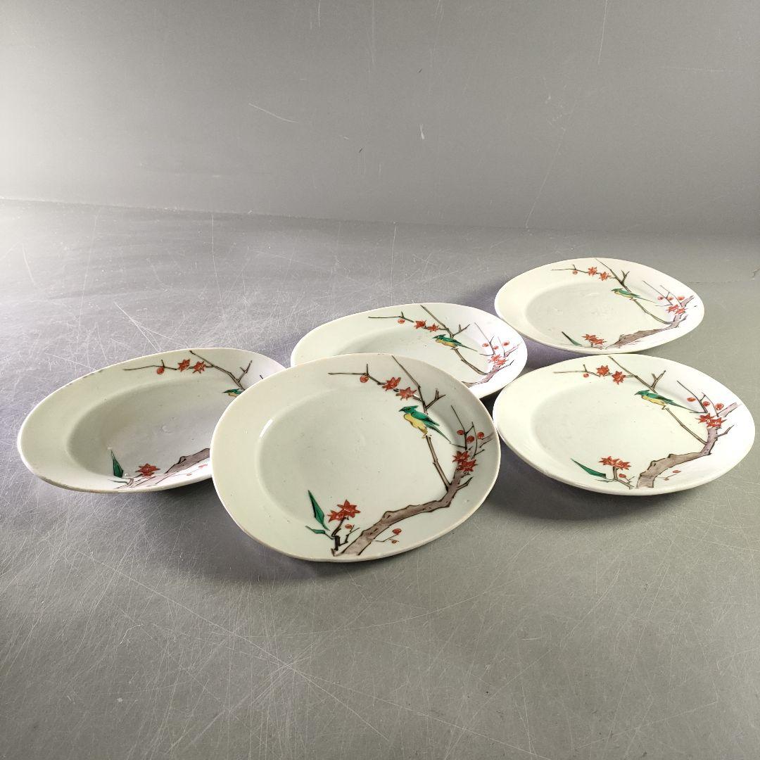 A1210-3/古九谷色絵花鳥文銘々皿5客/共箱/向付/飾皿/菓子皿/懐石道具/ A1210-3/古九谷色絵花鳥文銘々皿5客/共箱/向付/飾
