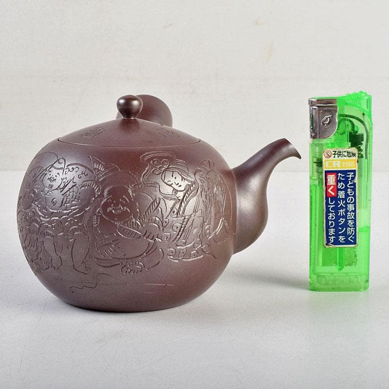 萬古焼 美月窯 伊藤美月作 七福神之図 茶注 急須 共布共箱 M R9431