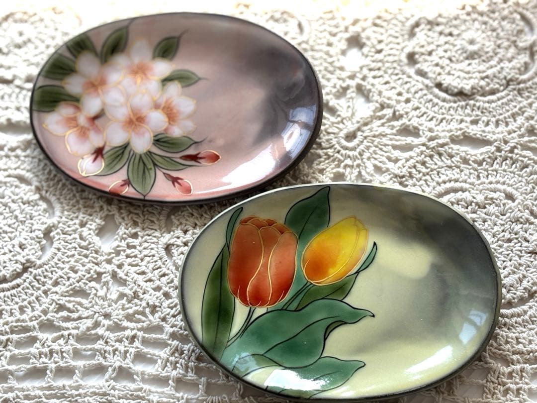 京焼き 清水焼き 陶あん 色絵付け形皿2枚 【葊】陶印有り
