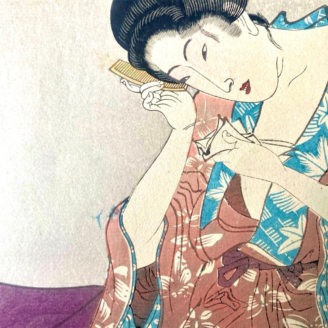 五渡亭国貞　美人画　浮世絵　木版画　髪かき　髪結　櫛　UKIYOE 五渡亭国貞 美人画 浮世絵 木版画 髪かき 髪結 櫛 錦絵 UKIYOE