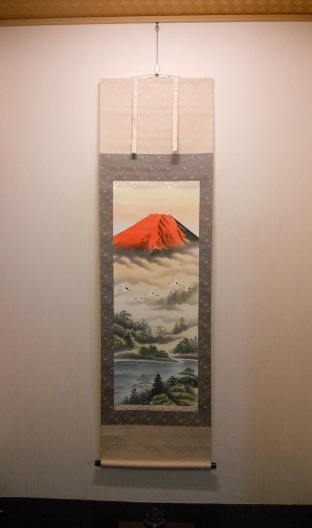 掛け軸 石田雪外 赤富士飛鶴 絹本 希少 軸装 茶道具 掛軸 美品