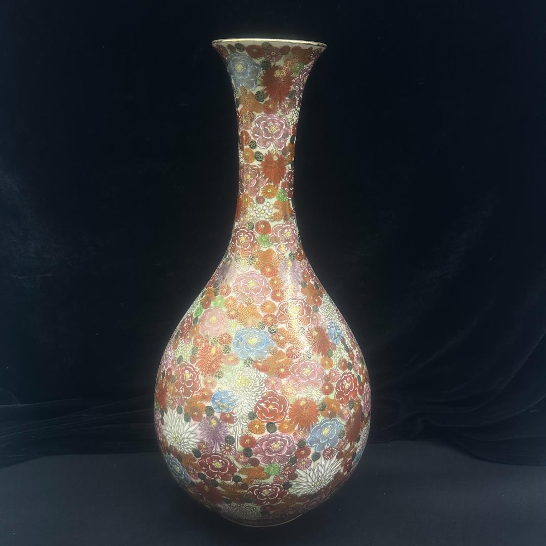 薩摩焼　　十字　花瓶　金襴手 金彩色絵花詰文 細密絵付 飾壺 薩摩焼 金彩色絵 武者図飾り壺 【商品番号m-st002】