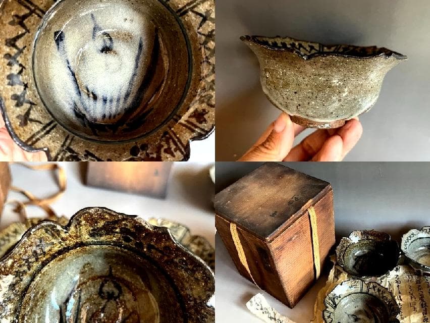 鉢□古唐津向付 5客 粉引絵唐津 菖蒲 花形 割山椒 古美術 時代物 骨董