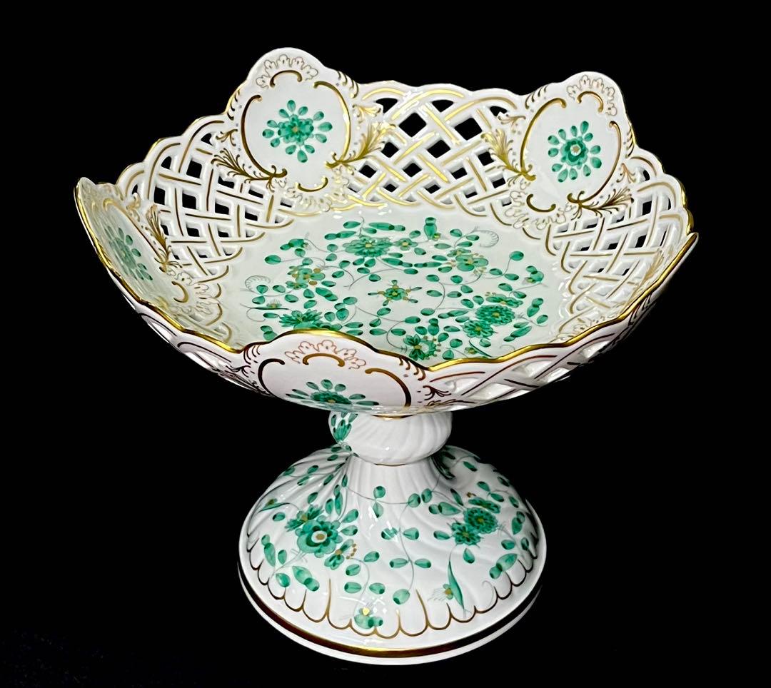マイセン /※極美品 上級背面装飾 インドの華　リッチグリーン　コンポート マイセン /※極美品 上級背面装飾 インドの華 リッチグリーン