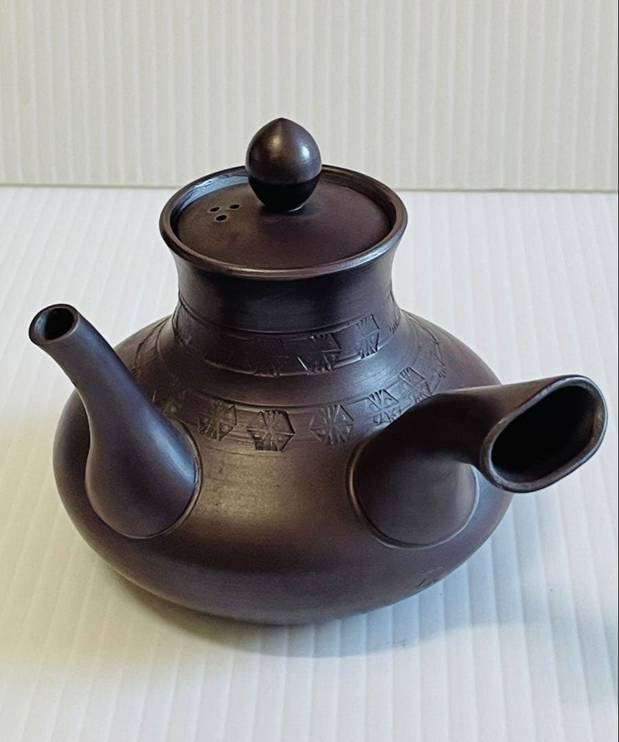 未使用品萬古焼 天王寺印花急須 一休作
