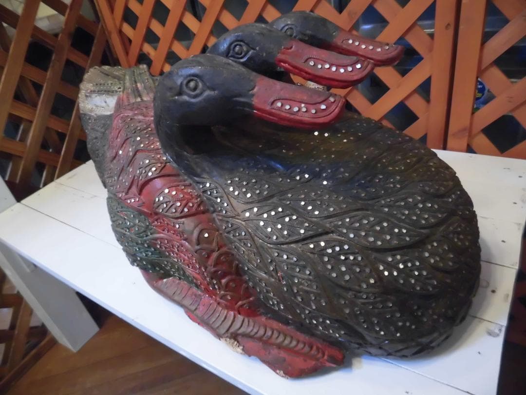 木彫りの三つ頭鴨 三ツ頭鳥 アジアンアート 民芸品 共命鳥 キメラ