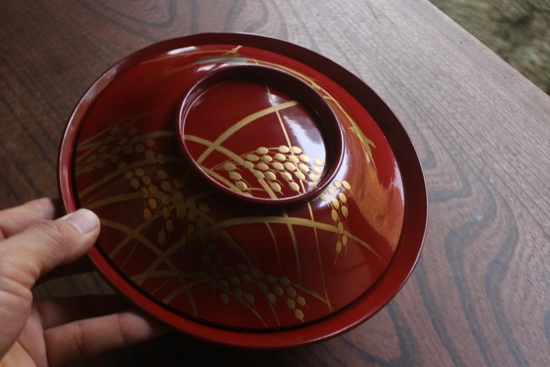 デッドストック！時代朱漆に極上稲穂雀蒔絵の映える大椀2点（検