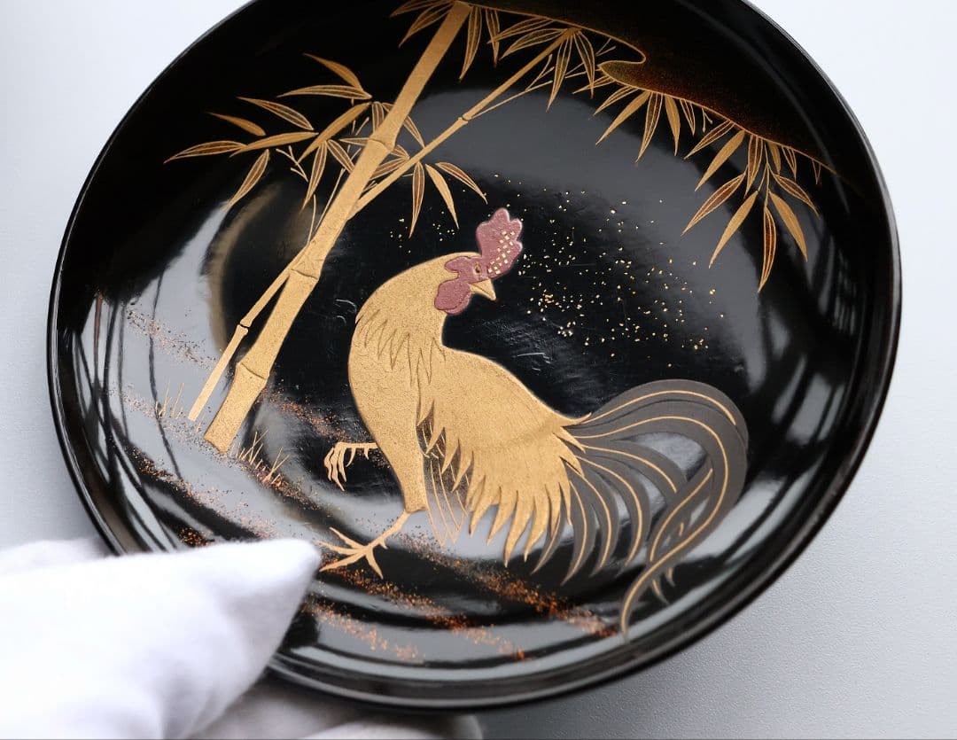 CM354】時代蒔絵椀 竹に鶏金蒔絵 平椀五客 木製 /(検) 輪島塗加賀能登