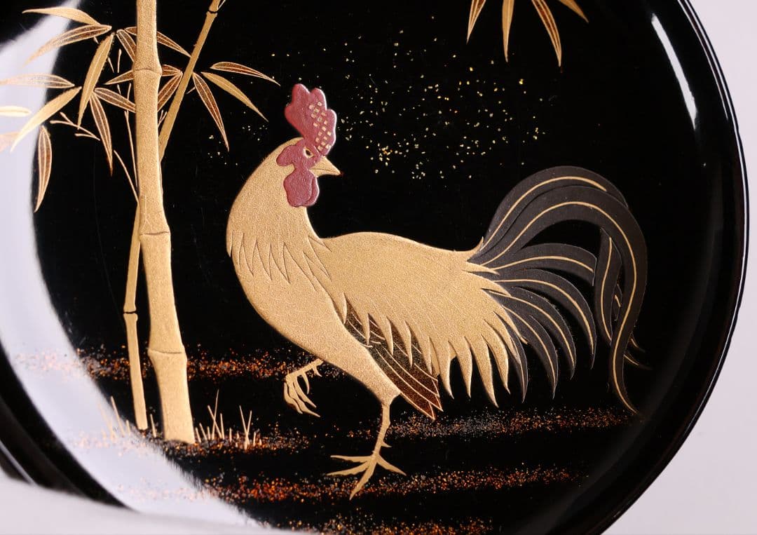 CM354】時代蒔絵椀 竹に鶏金蒔絵 平椀五客 木製 /(検) 輪島塗加賀能登