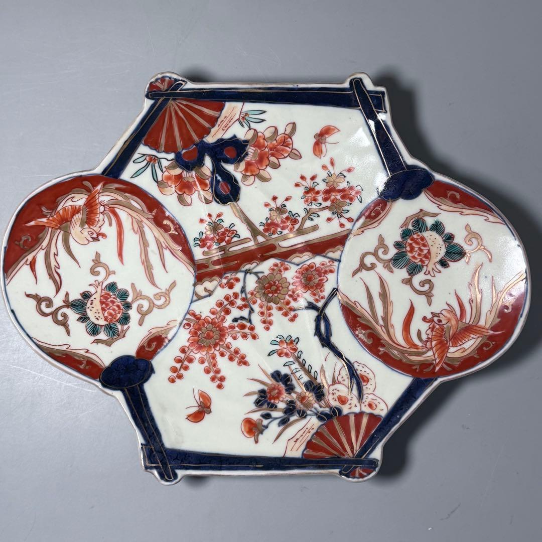 1800年代後期 古伊万里 色絵花蝶図変形中皿 五枚 柘榴に