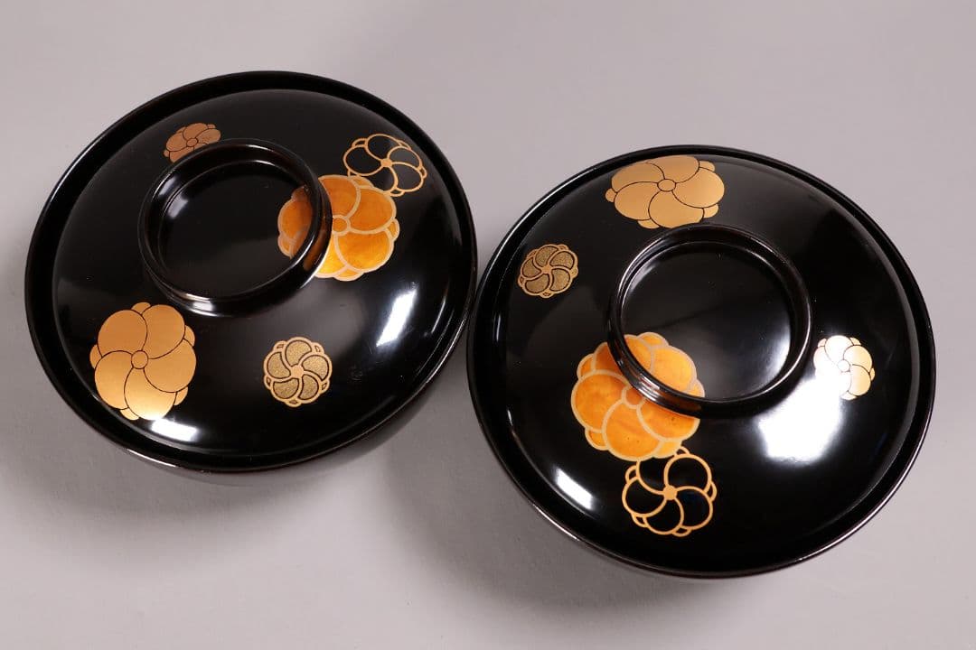 漆芸 木製漆器 捻り梅 金蒔絵 黒塗 御椀 二客 茶懐石道具【MA774