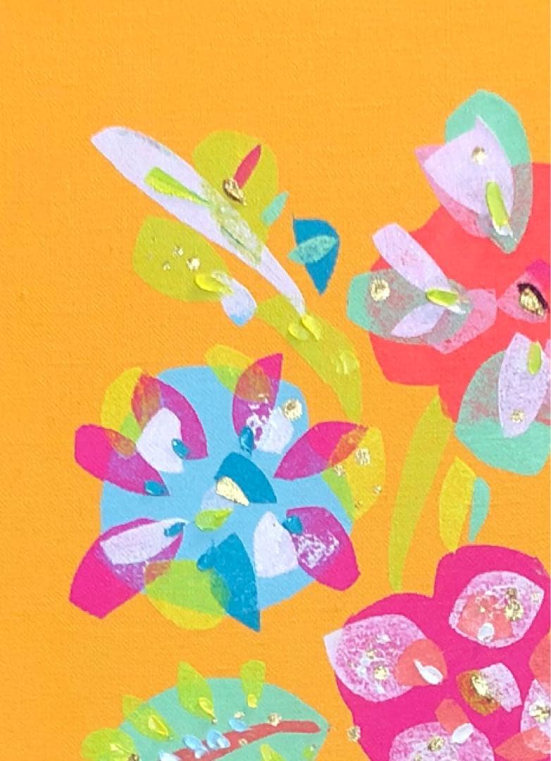 絵画 油絵 原画 一点物 ポップ イエロー 花 カラフル アート F4 - 絵画
