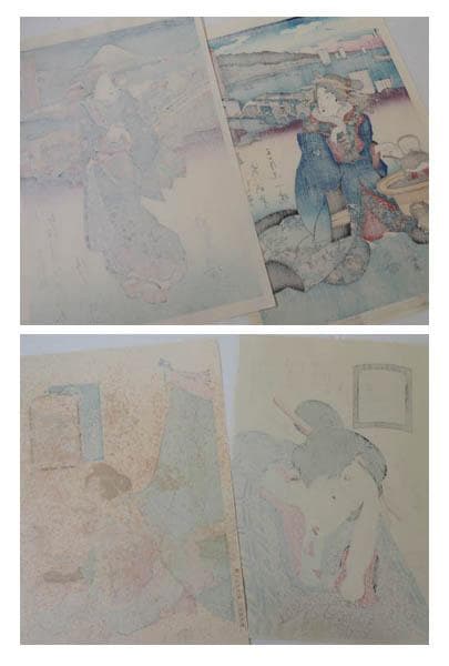 ○渓斎英泉○錦絵覆刻4枚/江戸日本橋・品川之駅・朝霞・芝金杉町比沙門