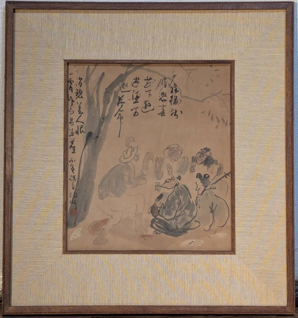 【真作】絵画　日本画（色紙）　酒席の賑わい　文人墨彩画　漢詩と人物群像　Y74 今も昔も“食いしん坊”万歳！ すし、天ぷらに、白玉―― 浮世絵のなかの