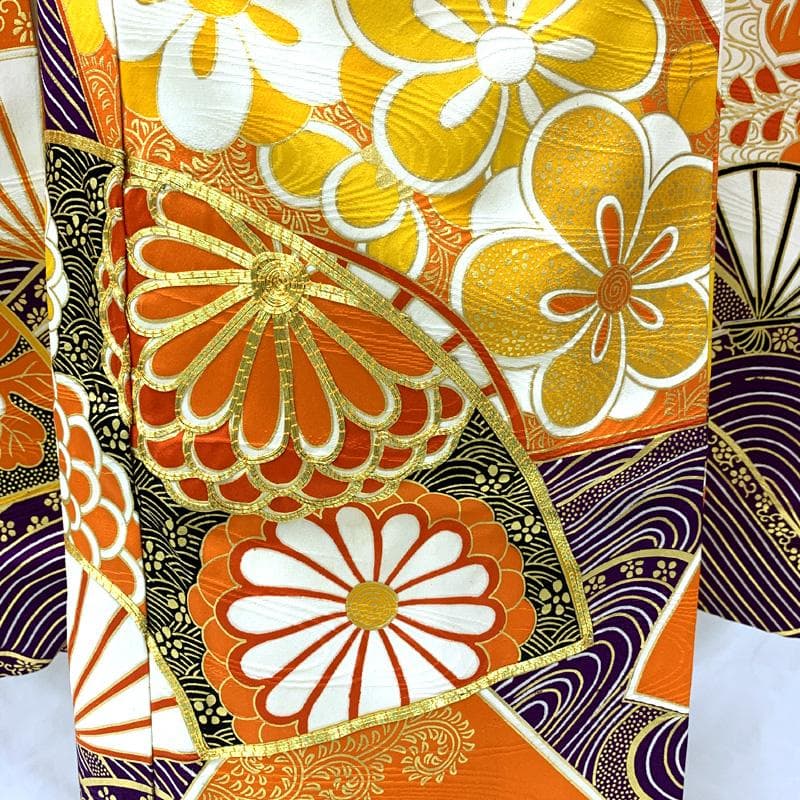 505ag58□七五三 七歳 女児 着物&袋帯 金駒刺繍 青海波 扇 菊