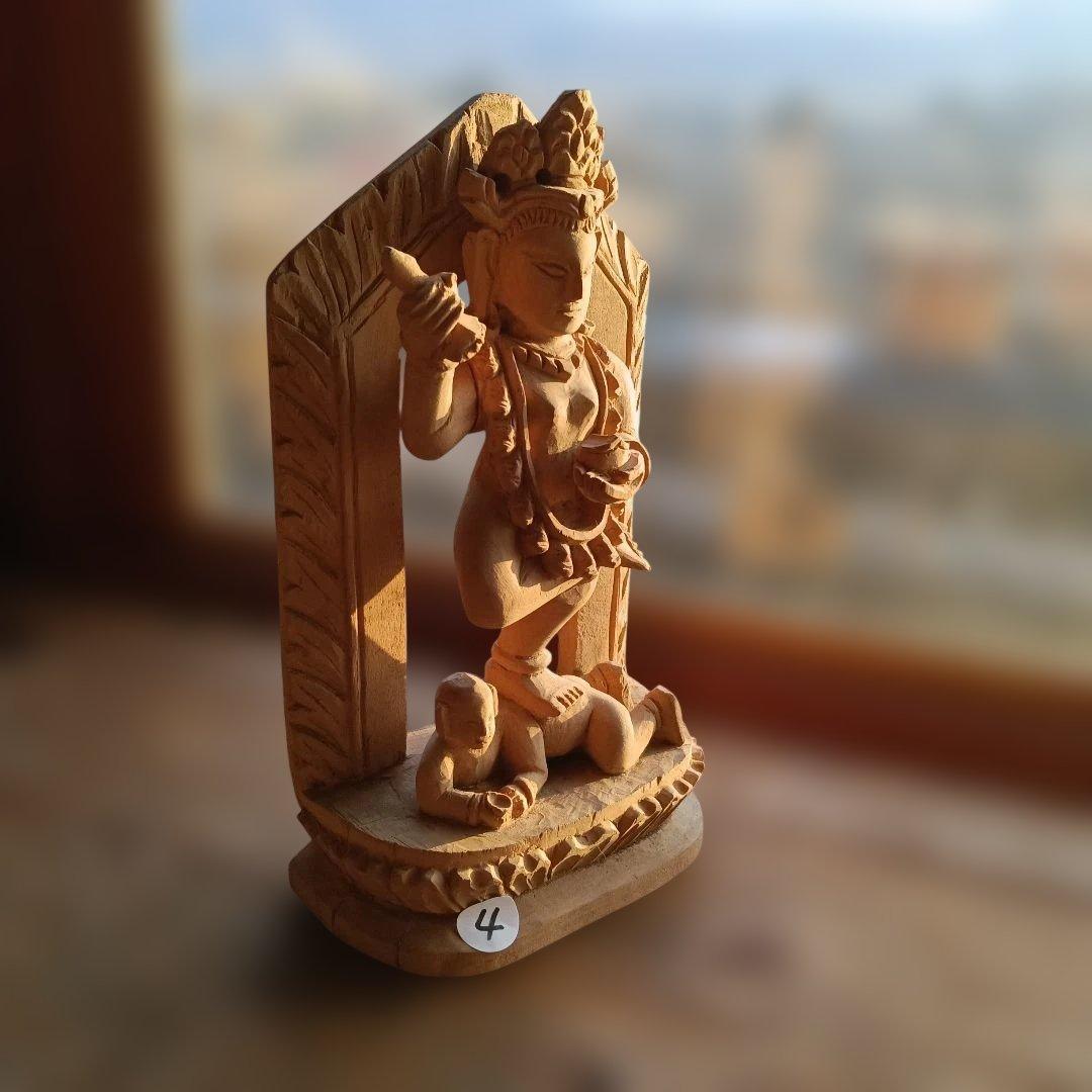 4.インドヒンズー教木製彫刻 神像 約25cm 4番、極小品 カーリー像 10インチ 木製ヒンズー教の神像 インドの女神カーリー