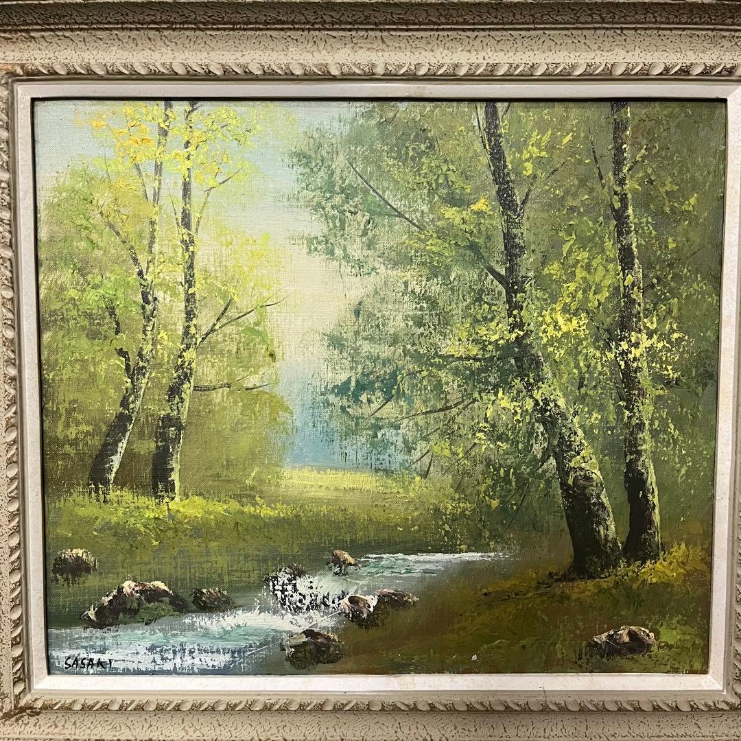 アンティーク】額装 額縁 絵画 油彩画 風景画 小川 森林 銘有り オブジェ