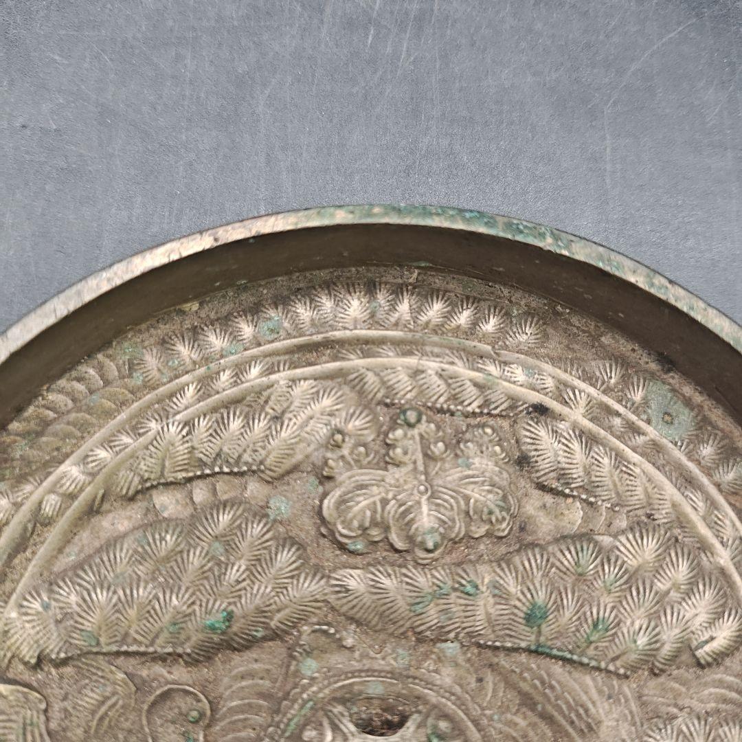 天下一銘 蓬菜鏡 鶴亀松文 古銅鏡 古美術 径約10.7cm×高さ約1.8cm