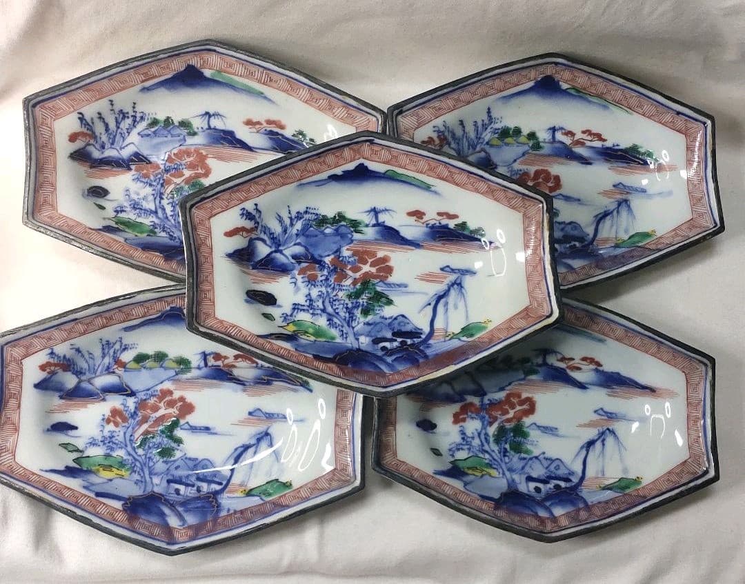 九谷焼六角皿 明治期 色絵 染付山水図 手描き陶芸品 旧家蔵出 アンティーク 明治前期九谷焼金彩染付山水図通り物6寸皿 | 吉祥寺PukuPuku