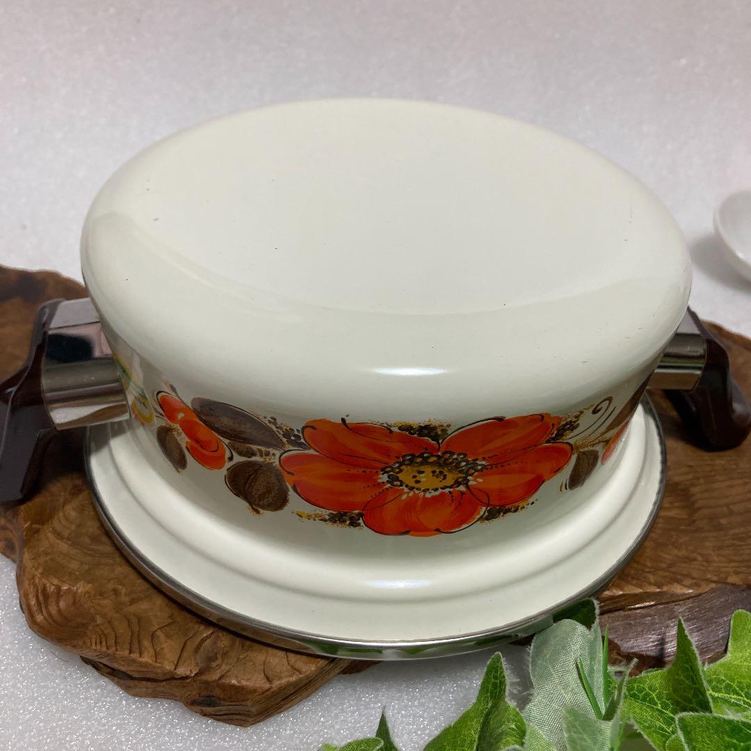 新品 昭和レトロ 江尻ホーロー ホーロー鍋 琺瑯 薔薇柄 両手鍋 レトロ
