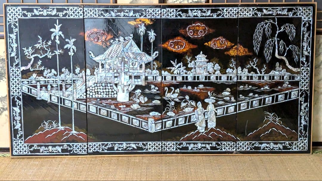 中国螺鈿絵　アンティーク　4枚組　壁掛け 絵画 工芸品 漆 ◇ 屏風 四曲一隻 九雀 螺鈿 インテリア : 日本