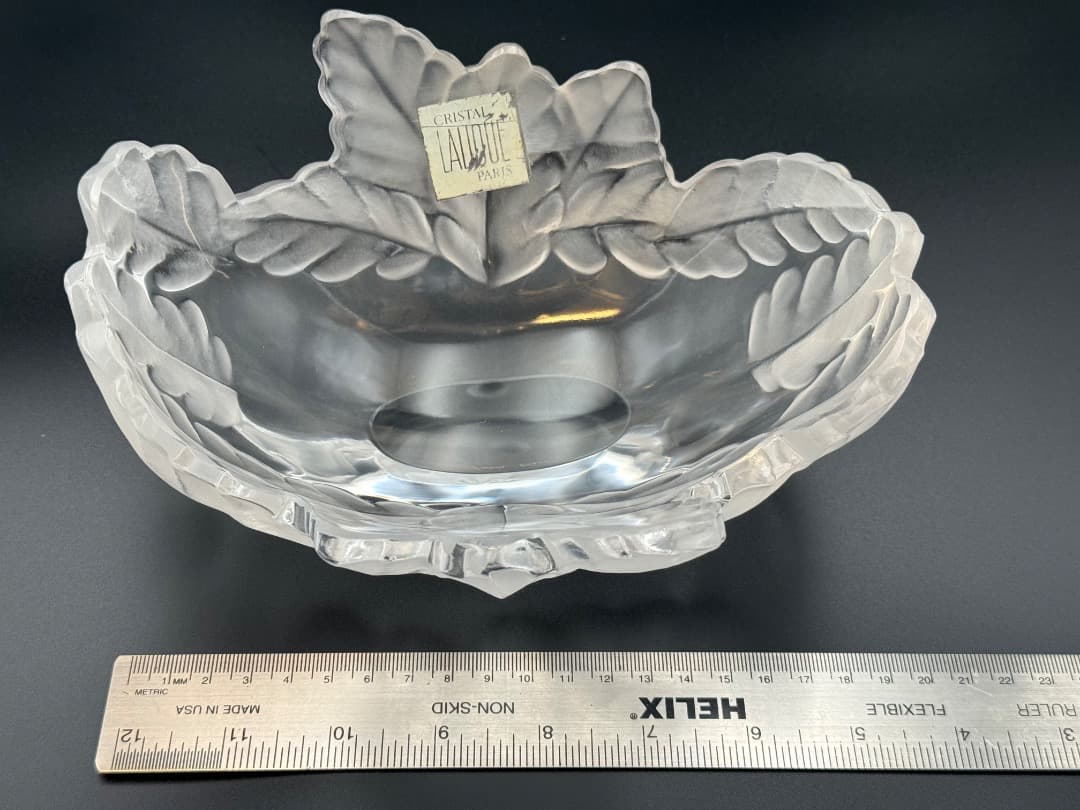 美品】Lalique ラリック クリスタル ボウル リーフ 彫刻 シール付