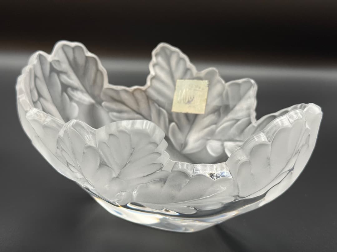 美品】Lalique ラリック クリスタル ボウル リーフ 彫刻 シール付