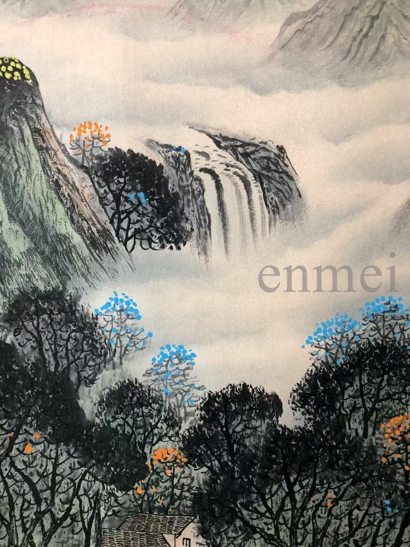 中国古美術・白雪石款・仙縁福地・四尺横幅掛軸・純手描き・文