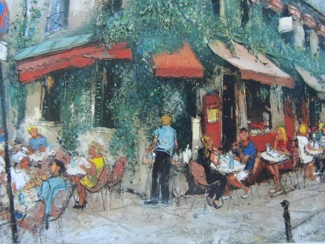 松井ヨシアキ、【マレのcafe】、希少な画集画、新品高級額・額装付