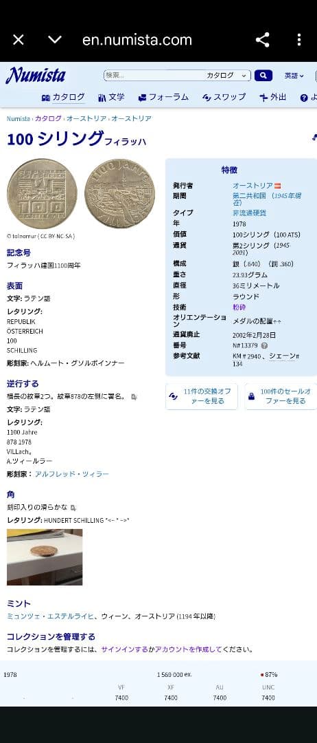 1978年オーストリア銀貨 100シリング フィラッハ建国1100周年記念銀貨
