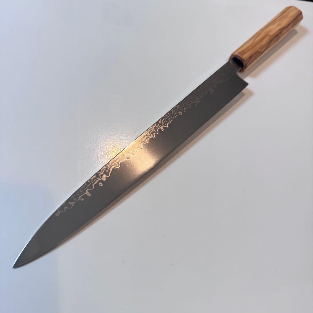 270mm ダマスカス墨流し柳刃包丁 オリーブウッド八角柄 鏡面仕上げ