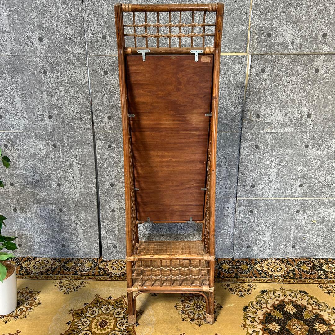 籐家具꧂ラタン収納付スタンドミラー 全身鏡 姿見 昭和レトロ アジアン