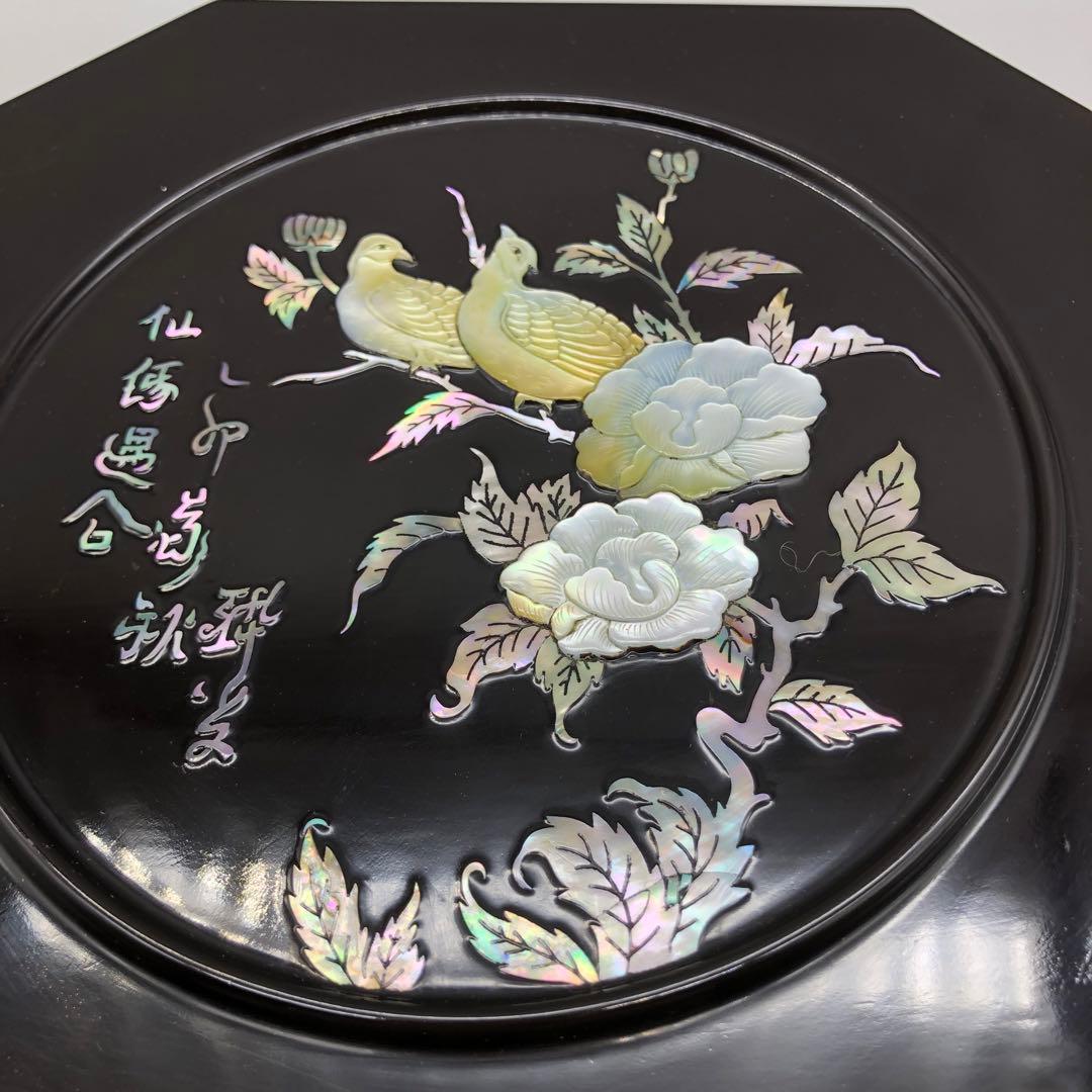 螺鈿細工らでんざいく鳥お花貝殻装飾八角形黒漆器重箱菓子箱23cm伝統