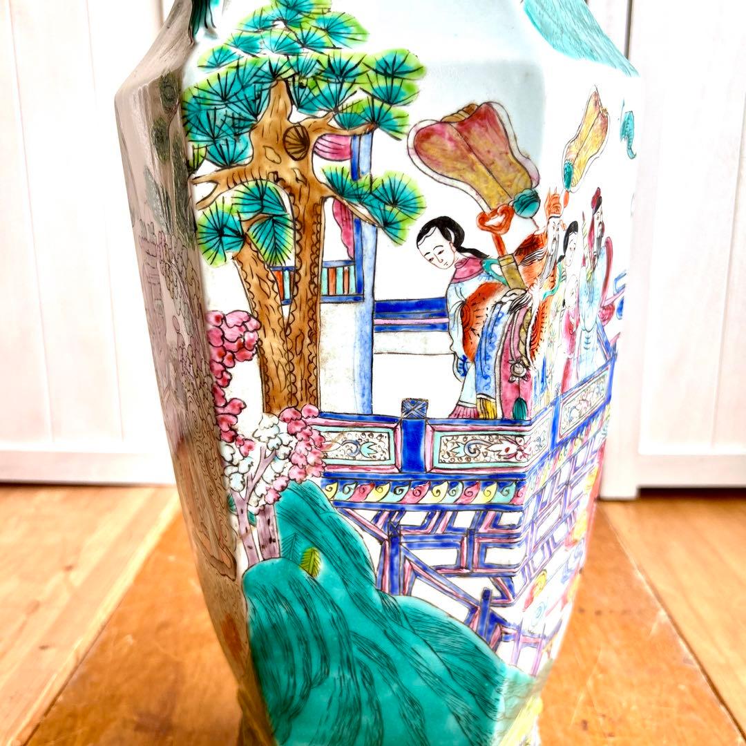 粉彩大花瓶 仙人図絵 花文双耳 八角瓶 珍品 中国 大型中国