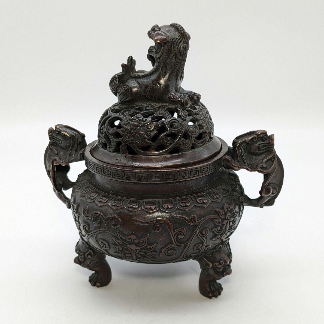 唐銅 三足獅子頭香炉 獅子摘み香炉 中国美術 乾隆年製 鋳銅 銅器 工芸