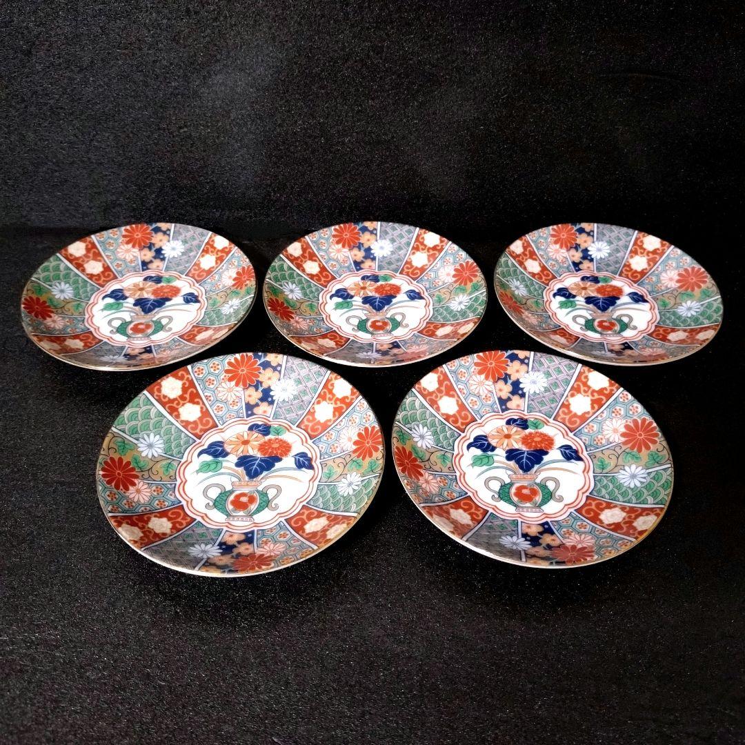 未使用品 有田焼 陶扇 小皿5枚揃え 銘々皿 取皿 豆皿 錦絵 赤絵 金彩