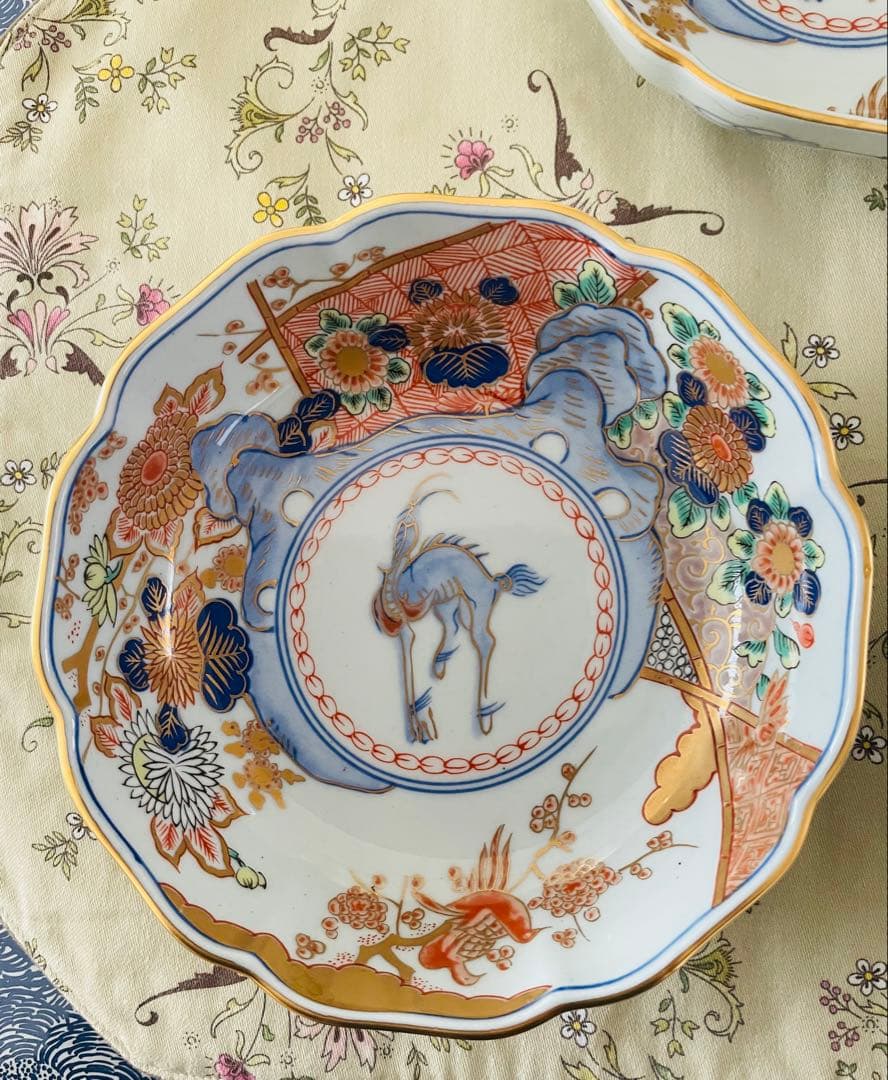 美品✨有田焼 古伊万里 色絵金襴手花鳥図輸花皿 年木谷窯 蒼峰 中皿5