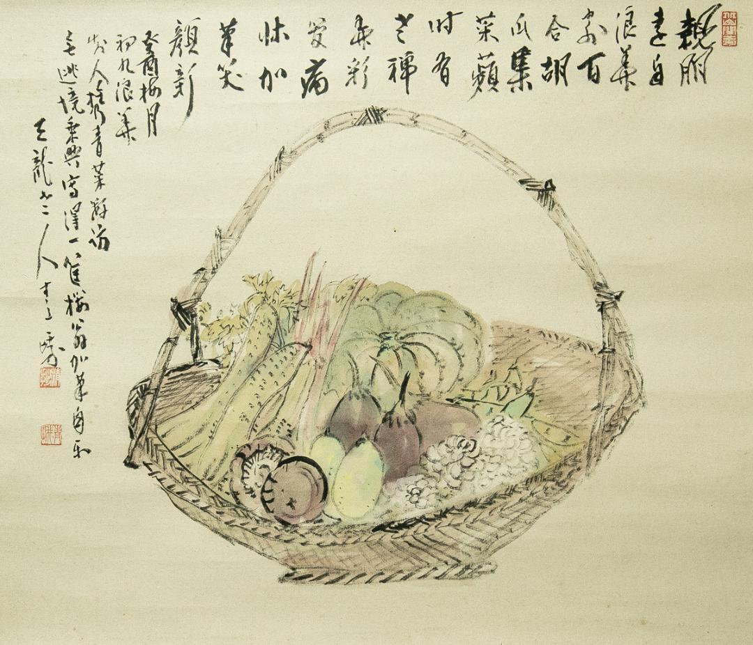 掛軸-1645 天龍寺 関清拙 賛 野原桜洲 画 野菜籠森 共