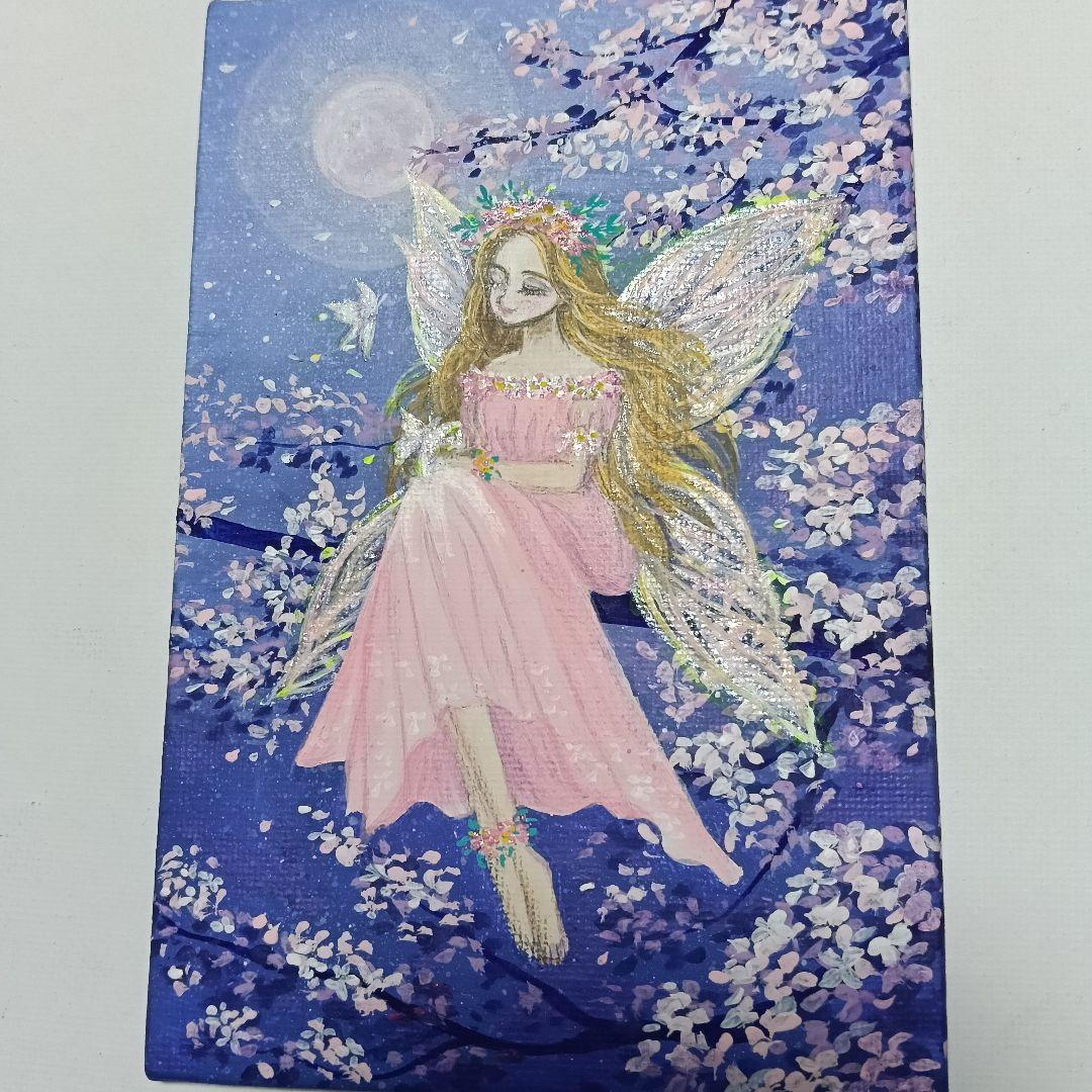 No.572 小さな絵画 妖精 アクリル画 夜桜 原画 - メルカリ