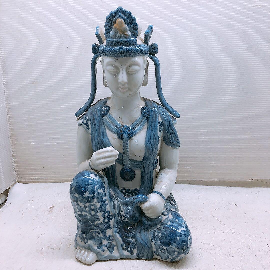 九谷焼 八幡窯 染付 座観音 観音像 縁起物 陶器製 置物 インテリア 中古品 九谷焼 八幡窯 染付 座観音 観音像 縁起物 陶器製 置物 インテリア 品