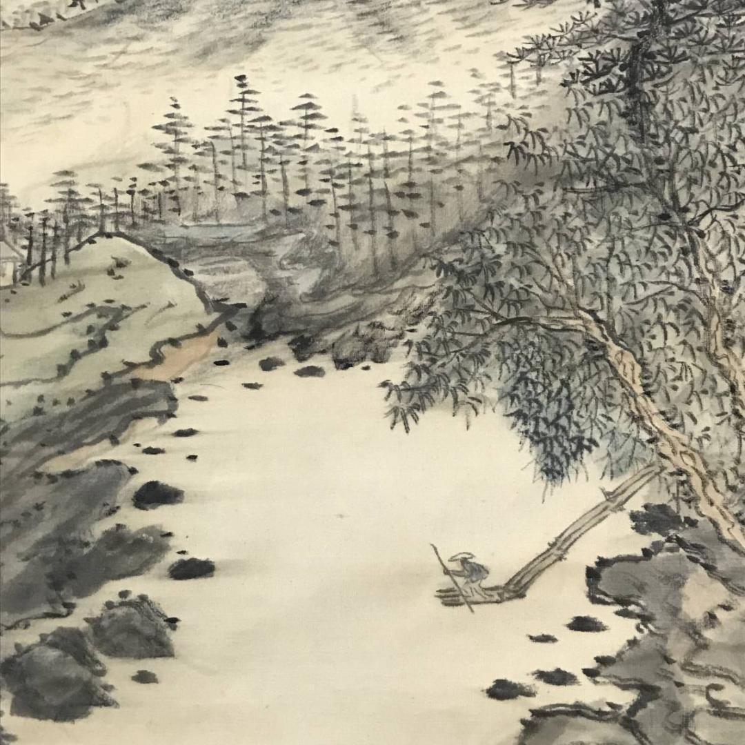 真作】鳥雪居半人/山水筏下り図/山水図/横物/掛軸/