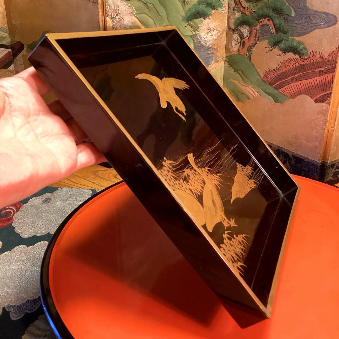 A1020木製輪島塗 水辺に雁 金蒔絵盆 金縁 蒔絵 菓子盆 香盆