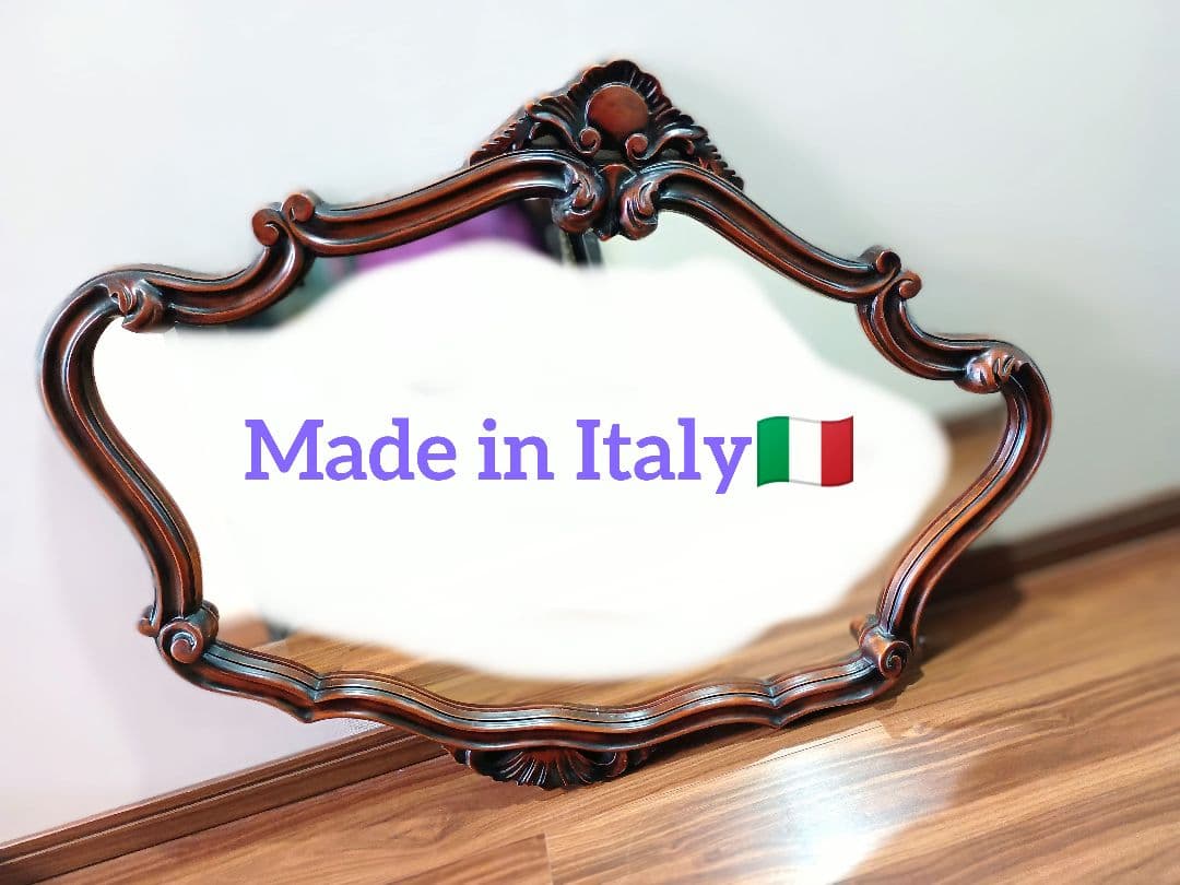 【美品】イタリア製装飾オーバルミラー　ウォルナット調 鏡 ミラー fa1377 イタリア製 オーバル ウォールミラー 壁掛け鏡